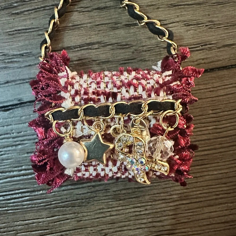 NWOT Mini Handbag Shape Charm Pendant Or Keychain Ring Red Rose